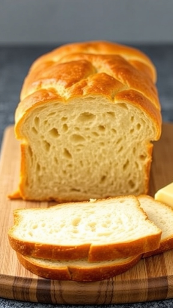 Sliced homemade 50/50 sandwich bread on a cutting board with butter.